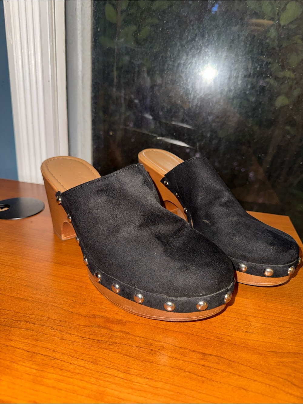 Black Studded Clog Heels - Women
